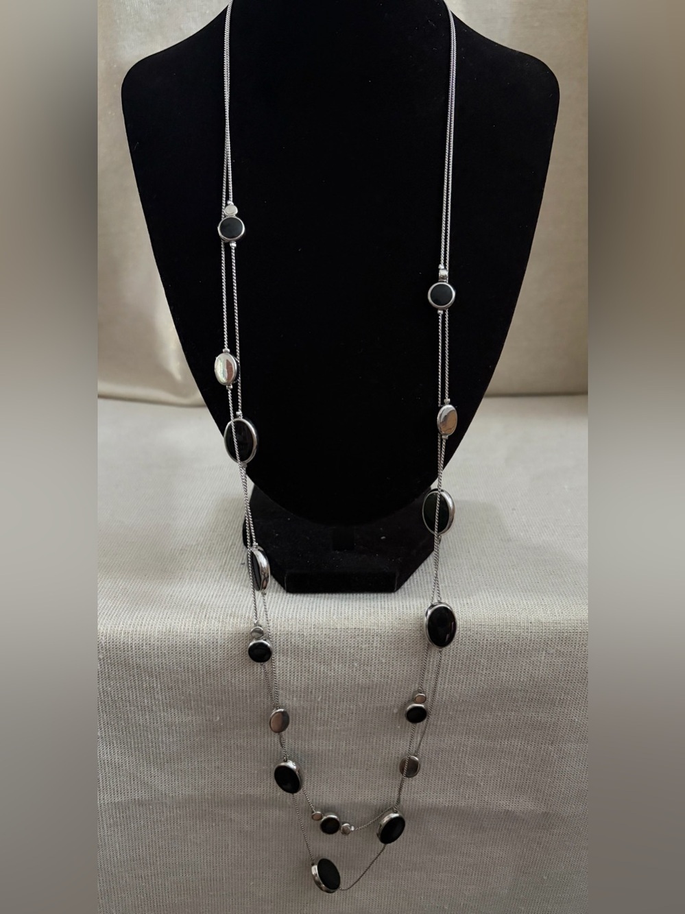 Stainless Steel Long Black Onyx Station Necklace